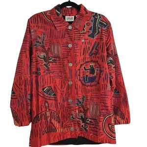Chicos Design Red Silk Embroidered Aztec Tribal Geometric Jacket Coat Top Size 0